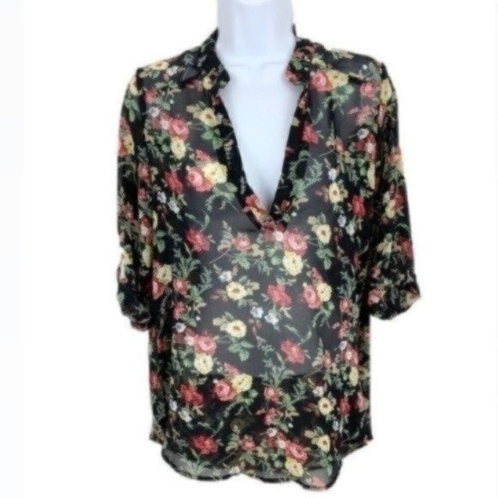 Black Floral Blouse with Adjustable Sleeves